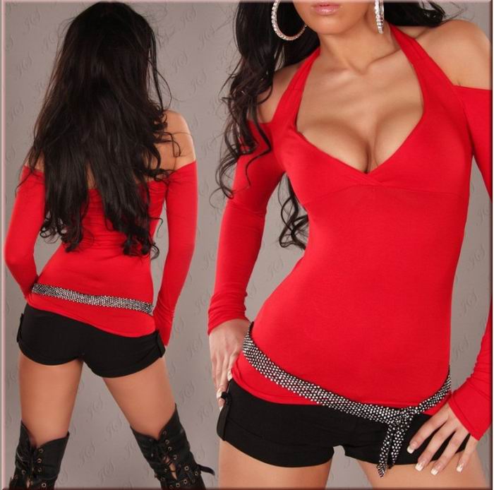 SEXY RED NECK HOLDER LONG SLEEVE CLUB TOP